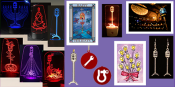 Images of BTS Boutique items including portable LED acrylics, xmas ornaments, nightlights, earrings, holiday and note cards all incorporating the image of a ghostlight
